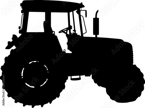 Minimalist black and white silhouette of a tractor in profile, facing left, centered slightly left in the frame, with clear outlines of cab and wheels, bold graphic style with no shading or detail."