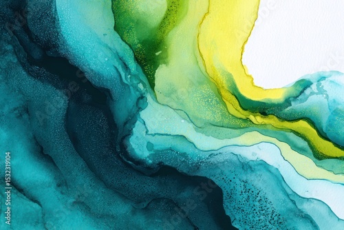Abstract Watercolor Art with Green and Teal Tones Featuring Flow Patterns, Suitable for Artistic, Design, and Creative Industries