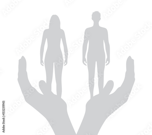Hand hold man and woman silhouette. vector	
