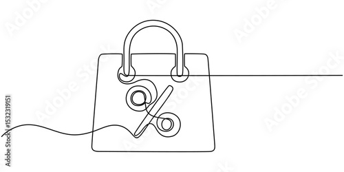 Shopping Spree Continuous Line Editable Stroke Line, Continuous Line Drawing of Garage Sale Icon. Hand Drawn Symbol Vector Illustration, Shopping Bag with Percent Sign continuous one line drawing