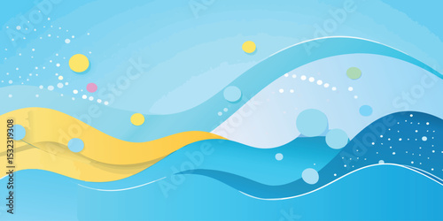 Abstract graphic design featuring light blue waves with yellow and light blue accents, and scattered white dots and circles