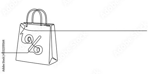 Shopping Spree Continuous Line Editable Stroke Line, Continuous Line Drawing of Garage Sale Icon. Hand Drawn Symbol Vector Illustration, Shopping Bag with Percent Sign continuous one line drawing
