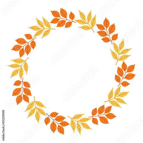 Autumn leaves circle frame. Round border made of fall leaves in orange, yellow, and green. The leaves have different shapes and are arranged in a circle. Vector flat isolated on white background.