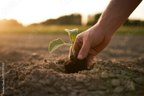 Hand planting seedling in dark soil at golden sunset
