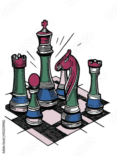 Colorful Chess Pieces on Board in Dynamic Illustration
