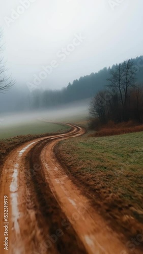 A winding muddy path curves through a foggy countryside landscape, surrounded by grassy fields and bare trees, creating a serene yet mysterious early morning atmosphere.