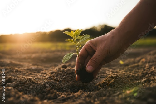 Hand planting seedling in dark soil at golden sunset
