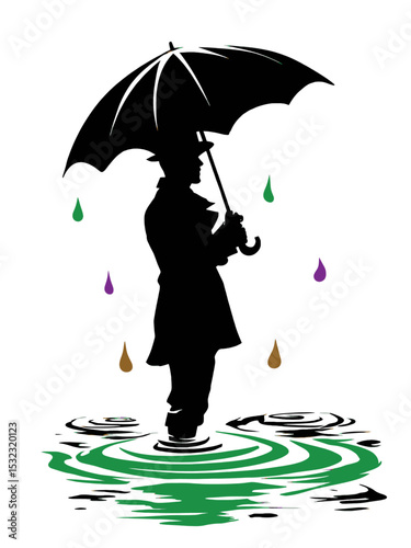 Silhouette of a Man with Umbrella Standing in Raining Water Puddle