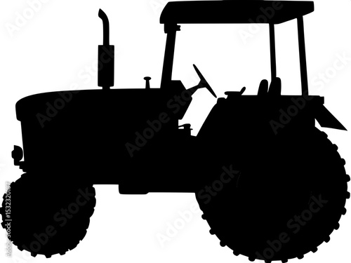 "Side-view silhouette of a tractor, solid black on white background, simple and graphic with clean lines, slightly off-center to the left, no depth or texture, purely functional form."