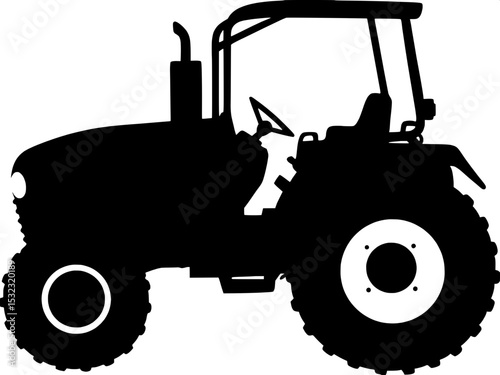 "Side-view silhouette of a tractor, solid black on white background, simple and graphic with clean lines, slightly off-center to the left, no depth or texture, purely functional form."