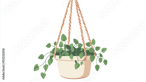 A digital illustration depicting a hanging plant in a cream-colored pot suspended by a light brown macrame hanger. The plant features vibrant green leaves with a trailing vine-like growth habit.