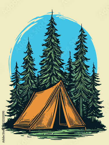 Vintage Style Camping Tent Surrounded by Serene Pine Trees