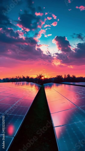 A vibrant twilight sky casts neon hues over a modern solar farm, reflecting rich colors on the panels, with serene atmosphere and glowing horizon creating a futuristic energy landscape.