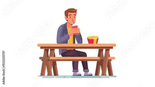 A digital illustration depicting a man with short brown hair, wearing a purple jacket and yellow shirt, sitting at a simple brown wooden picnic table.  He is holding a red cup and appears to be