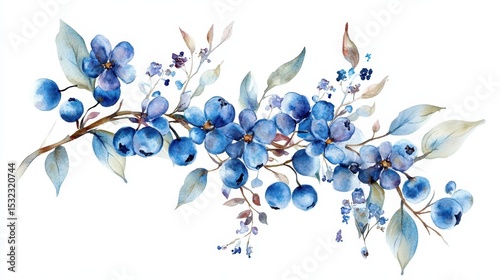 Blueberries Watercolor. Aquarelle Art of Blueberries and Leaves in Bouquet