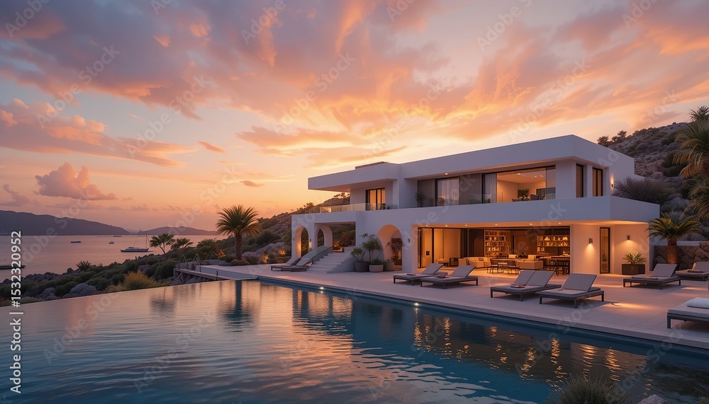 Fototapeta premium A luxurious villa with an infinity pool overlooks the ocean, bathed in the warm glow of a picturesque sunset. Vacation goals achieved!
