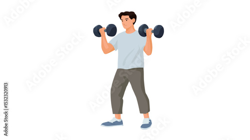 A digital vector illustration depicting a young man with short brown hair, wearing a light gray t-shirt and taupe pants, lifting a pair of black dumbbells. His arms are bent at the elbows