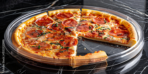 Pepperoni Pizza with Melted Cheese and Herbs on Black Marble, One Slice Missing

