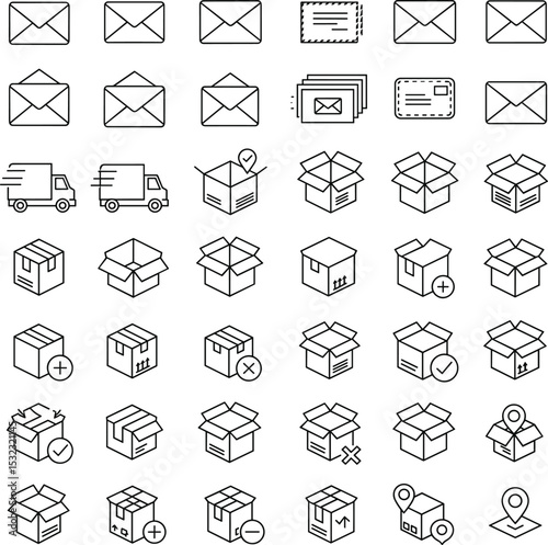 Vector icons set of mail, envelopes, packages, delivery boxes, parcel tracking, shipping logistics, postal service elements, location pins, transport and warehouse system