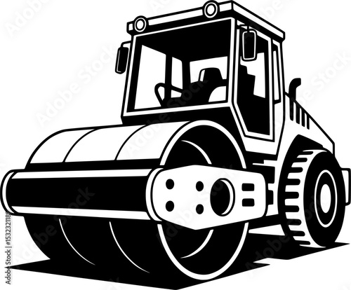 Bold black and white road roller silhouette with symmetrical front roller for industrial branding