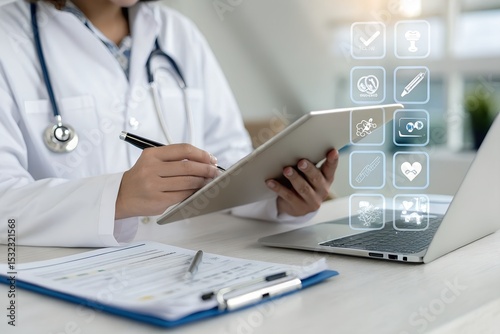 Online medical checklist and documentation system in use by doctor, concept of smart healthcare. physician assessment expert checks patient care quality, hospital assessment of treatment