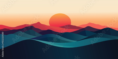 Sunset over a layered mountain range