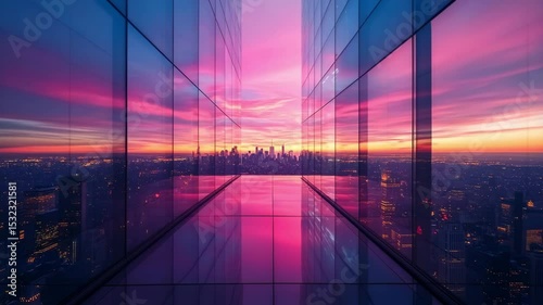 A stunning panoramic view of a city skyline is mirrored between two modern glass buildings during a vibrant sunset, creating a surreal and symmetrical urban landscape bathed in pink light.
