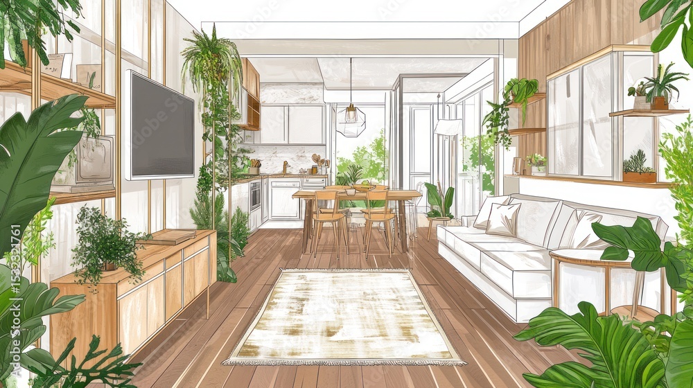 Fototapeta premium Interior design sketch of a modern, light-filled kitchen-living area