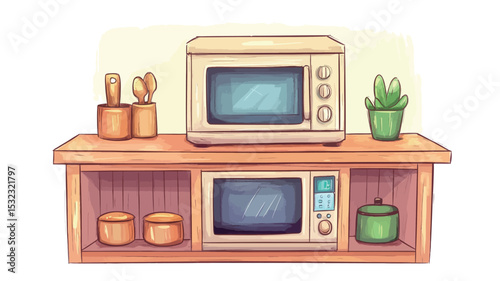 A digital illustration depicting a retro-styled microwave oven sitting atop a light-brown wooden countertop or small cabinet.  The illustration is rendered in a soft, cartoonish style using warm