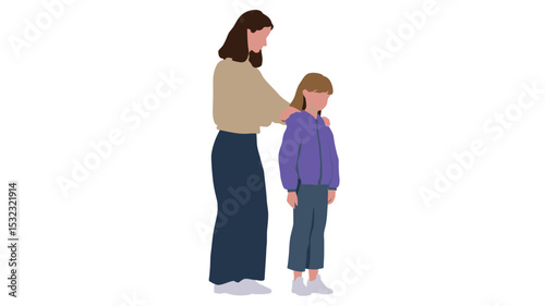 The image is a digital illustration featuring a vector graphic of a woman and a girl.  The style is flat and minimalist, with solid colors and no shading or texture. The woman, depicted with long