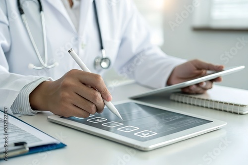 Online medical checklist and documentation system in use by doctor, concept of smart healthcare. physician assessment expert checks patient care quality, hospital assessment of treatment