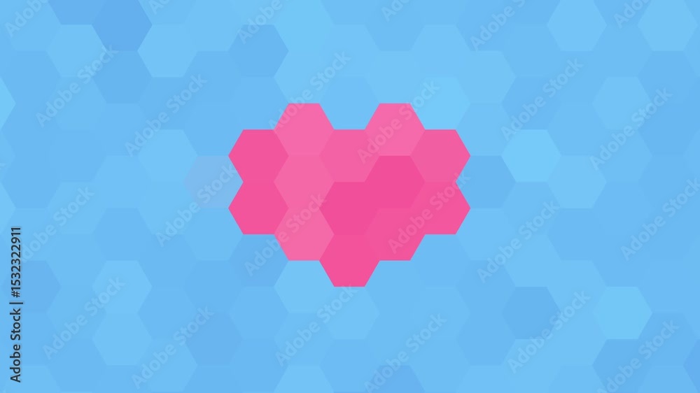 Pink heart and blue simple abstract hexagon background, geometric animation