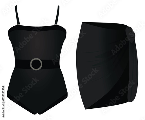 Black  swim suit and sarong skirt. vector illustration	

