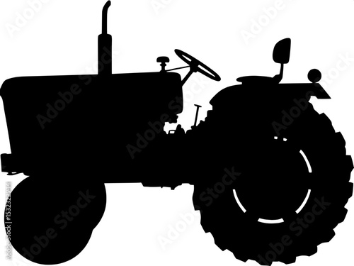 "Black silhouette of a classic tractor viewed from the side, strong bold lines, minimalistic design, no background elements, functional and graphic composition."
