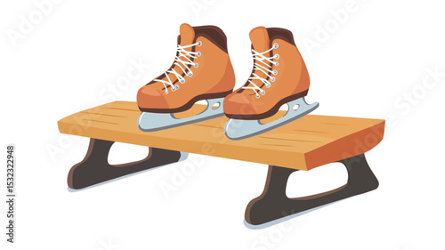 The image is a digital illustration depicting a pair of orange ice skates resting on a simple, light brown wooden bench.  The bench features slightly upturned, dark brown, blade-like supports.