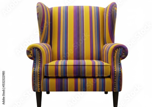 Striped armchair with yellow, purple, and blue upholstery