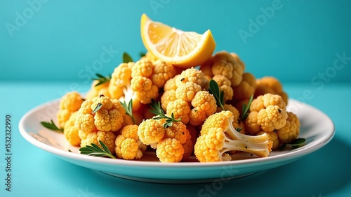 Roasted cauliflower wings plated crisp, Breadcrumb coating herbs rosemary thyme, Lemon wedge adds citrus freshness, Cyan backdrop highlights dish colors, Versatile image for food promotion