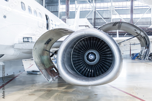 Close-up of an open high bypass turbofan airplane engine of a passenger aircraft in an aviation hangar