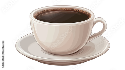 A digital illustration depicts a close-up, overhead view of a filled coffee cup and saucer. The cup is white with a slightly off-white or beige tint, exhibiting a smooth, slightly glossy surface.