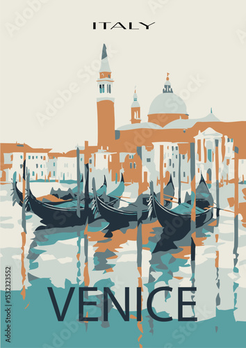 Venice illustration.  An urban colourful landscape canal, gondola, gondolier in Venice, Italy. Banner, poster design.