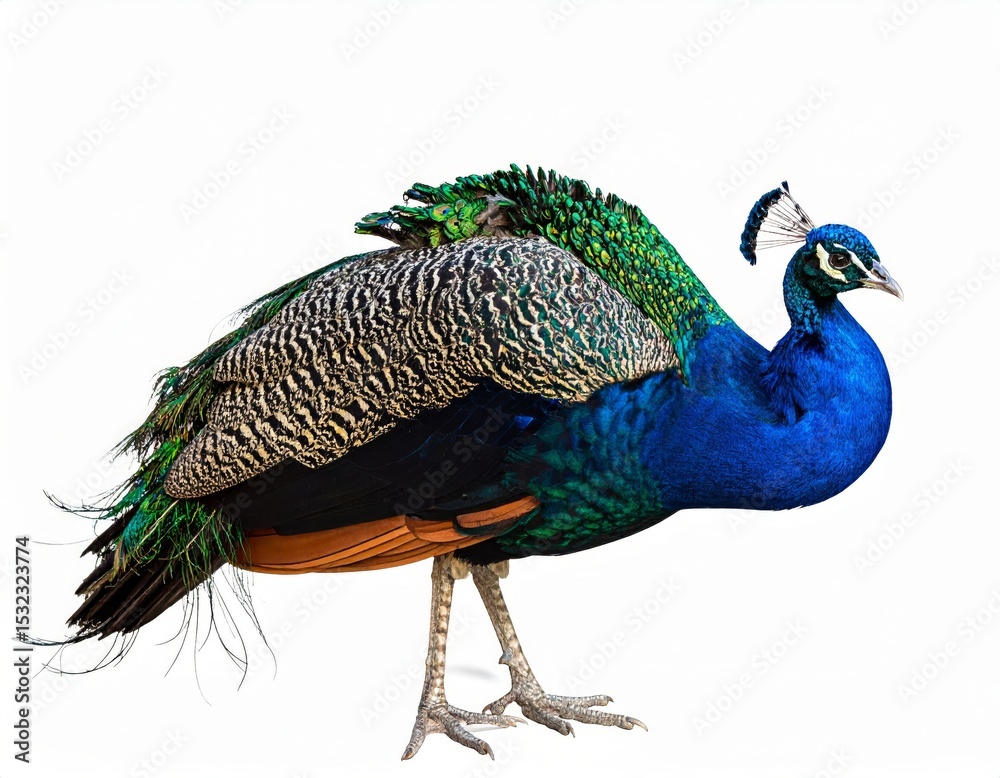 Fototapeta premium Peacock with tail closed over white background, no shadow