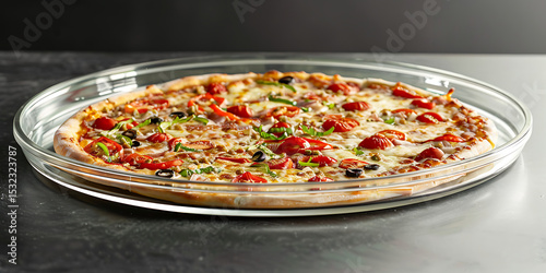 Freshly Baked Pizza with Cheese, Pepperoni, Peppers, and Olives on Glass Platter

