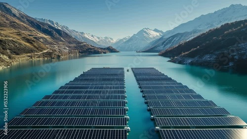 A breathtaking high-angle view of a floating solar power farm on a turquoise mountain lake surrounded by snow-covered peaks, showcasing clean energy innovation in a winter setting.