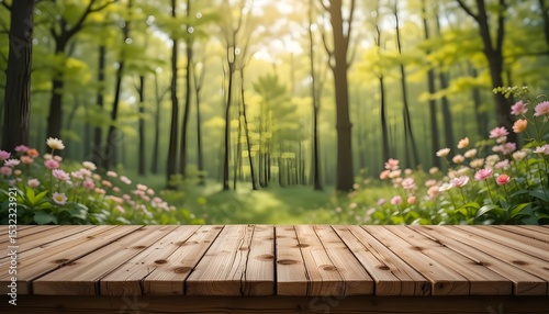 Wooden Table with Spring Forest Background Natural Scenic Display
