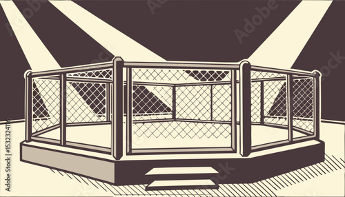 FIGHTERS Octagon MMA Cage Under Bright Stage Lights: Awaiting the Ultimate Showdown        