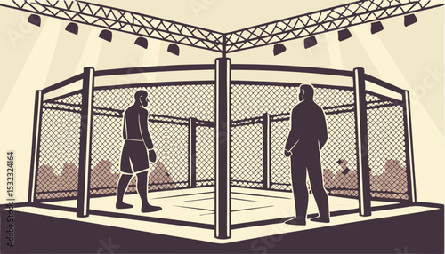 FIGHTERS Octagon MMA Cage Under Bright Stage Lights: Awaiting the Ultimate Showdown        