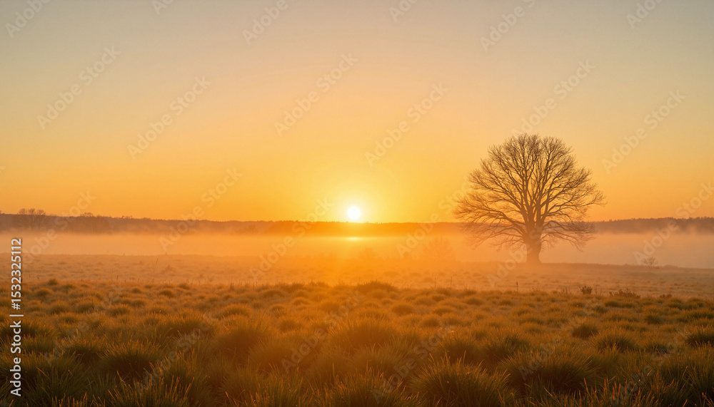 Fototapeta premium Sunrise over misty field with single tree. Golden hour sunrise scene showcasing serene landscape and lone tree silhouette. Tranquil sunrise image perfect for meditation, yoga, or wellness websites.