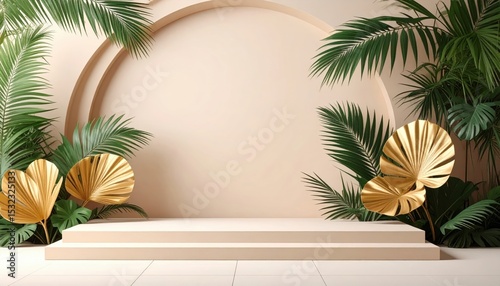 Elegant event stage design with tropical plants indoor venue modern display calm atmosphere front view aesthetic appeal