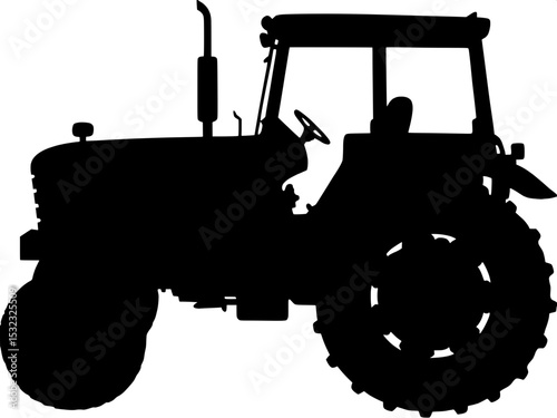 "Graphic tractor silhouette in profile, clean black on white, industrial feel, cab, engine, and wheels clearly outlined, placed off-center left in a stark minimalist frame."
