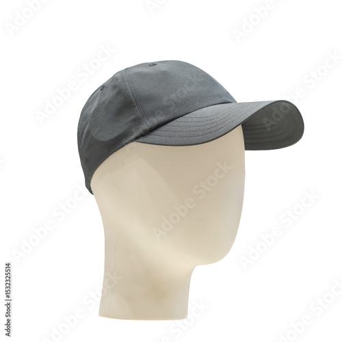 Dark gray baseball cap on a mannequin head, isolated on transparent background, ideal for e-commerce, product mockups, and graphic design use.